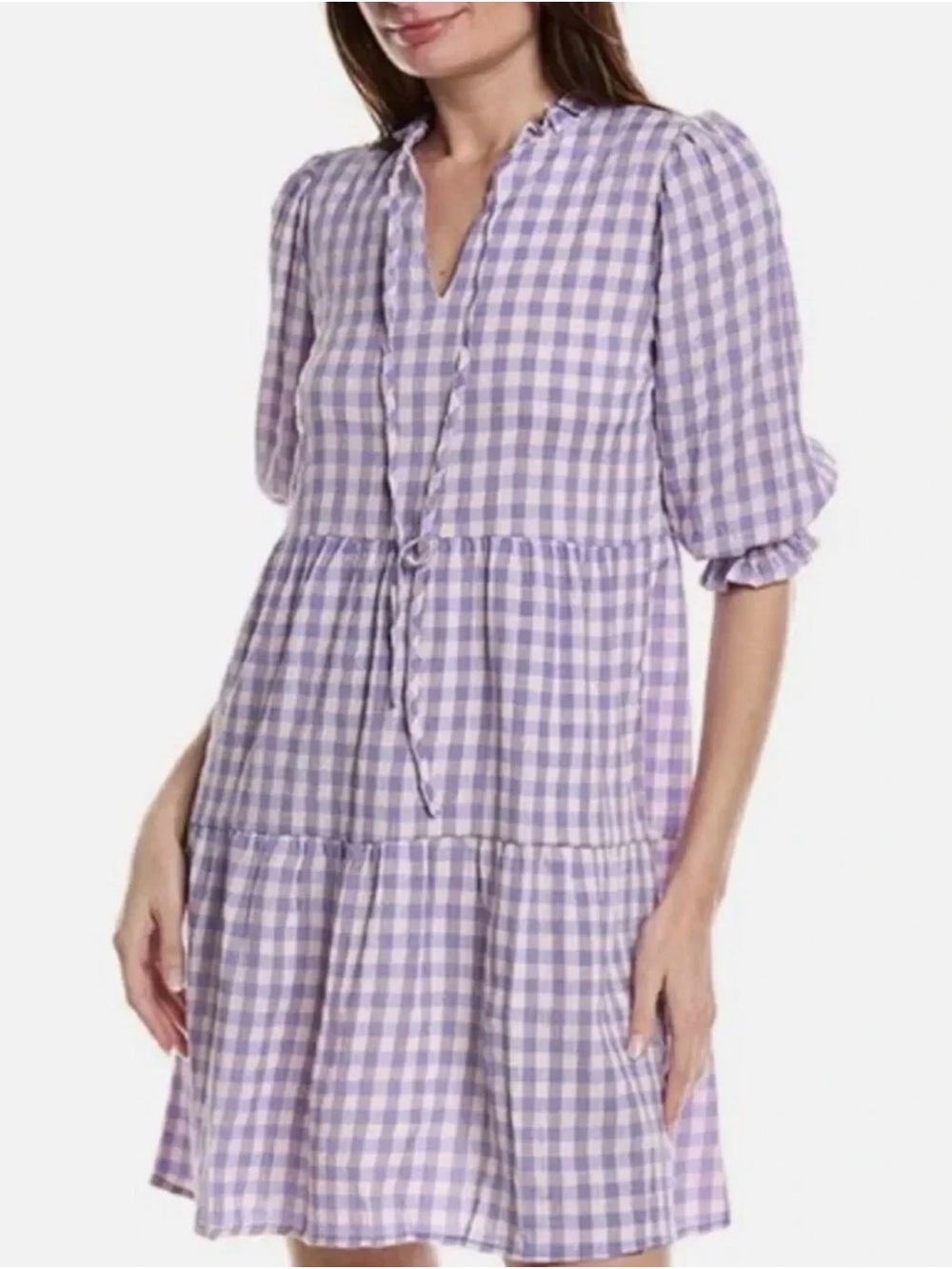 Anthropologie Nanette Lepore Lilac Purple Pink Gingham Plaid Tiered Dress 6‎